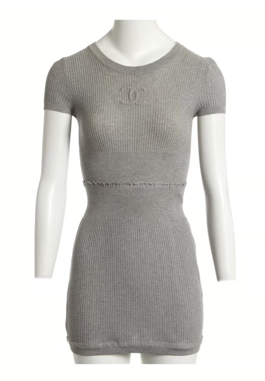 Chanel Embossed Grey Cotton Mini Dress 36FR