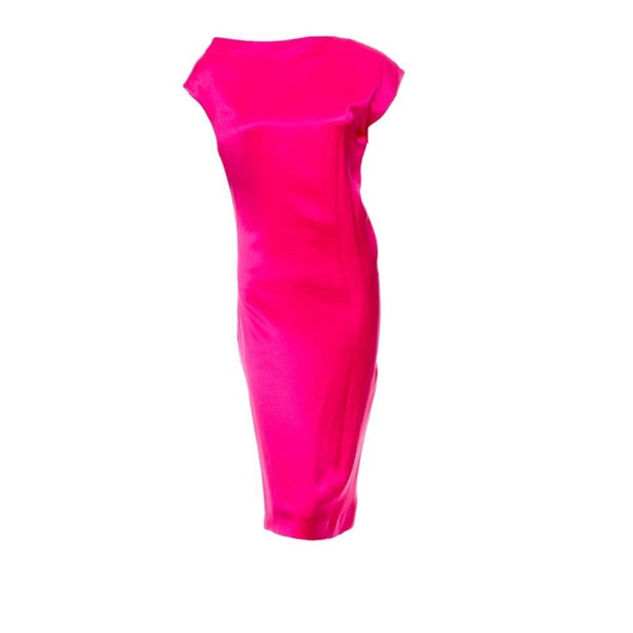 Alexander McQueen 2008 Hot Pink charmeuse asymmetrical midi dress XS